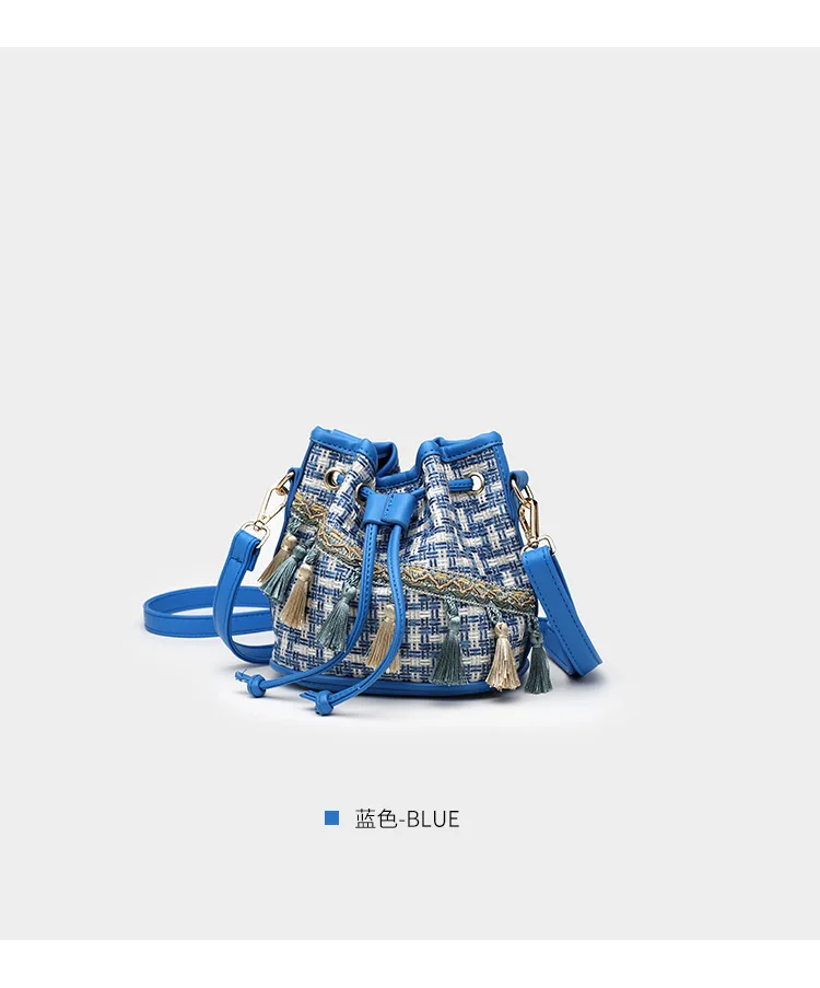 Luxury Brand Handbag Women's Bag Quilted tweed Busket bag Fashion Lady Bohemia Tassel Bags Female Drawstring Crossbody Bag Purse (18)