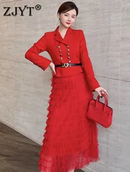 2022 ano novo festa de natal feminino em cascata plissado vestido define primavera duplo breasted blazer ternos com saia de malha vermelho outfit