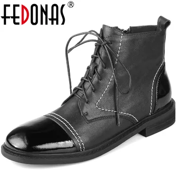 

FEDONAS Retro Women Motorcycle Boots Cross Tied Genuine Leather Thick Heels Ankle Boots Working Dancing Round Toe Shoes Woman