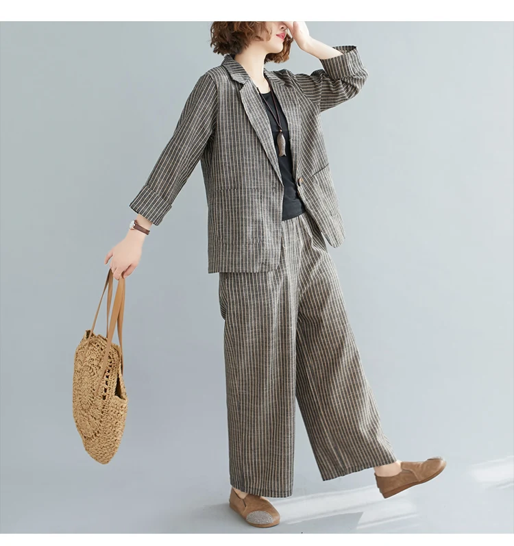 Spring summer new style literary leisure cotton linen striped one-button small suit wide-leg pants temperament fashion set women plus size pant suits