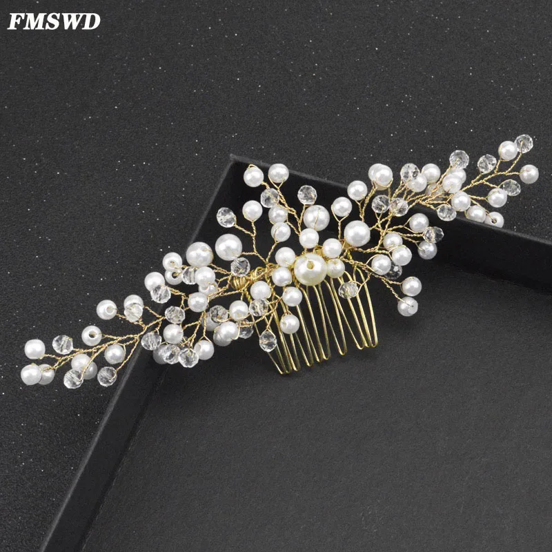 

FMSWD Baroque Silver Bride Head Comb Pearl Hair Accessories Girl Head Jewelry Handmade Crystal Hair Comb Wedding Gold Headdress