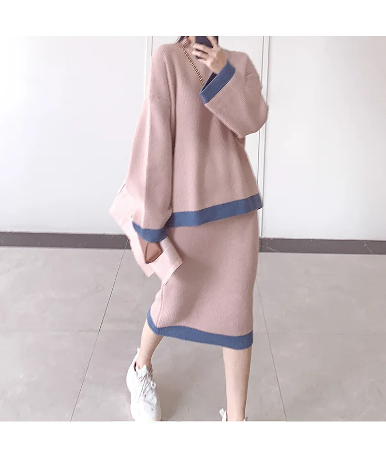 Autumn Winter Women's Sweater Knitting Set Long-sleeved Pullover and Skirt Suit Korean Sweater Set 2-piece Set Skirt Women 9736