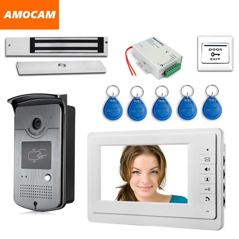 

7" Press Key Screen Video Door Phone Intercom System RFID Keyfobs + Power Controller + 180kg Electric Magnetic Lock+ Door Exit