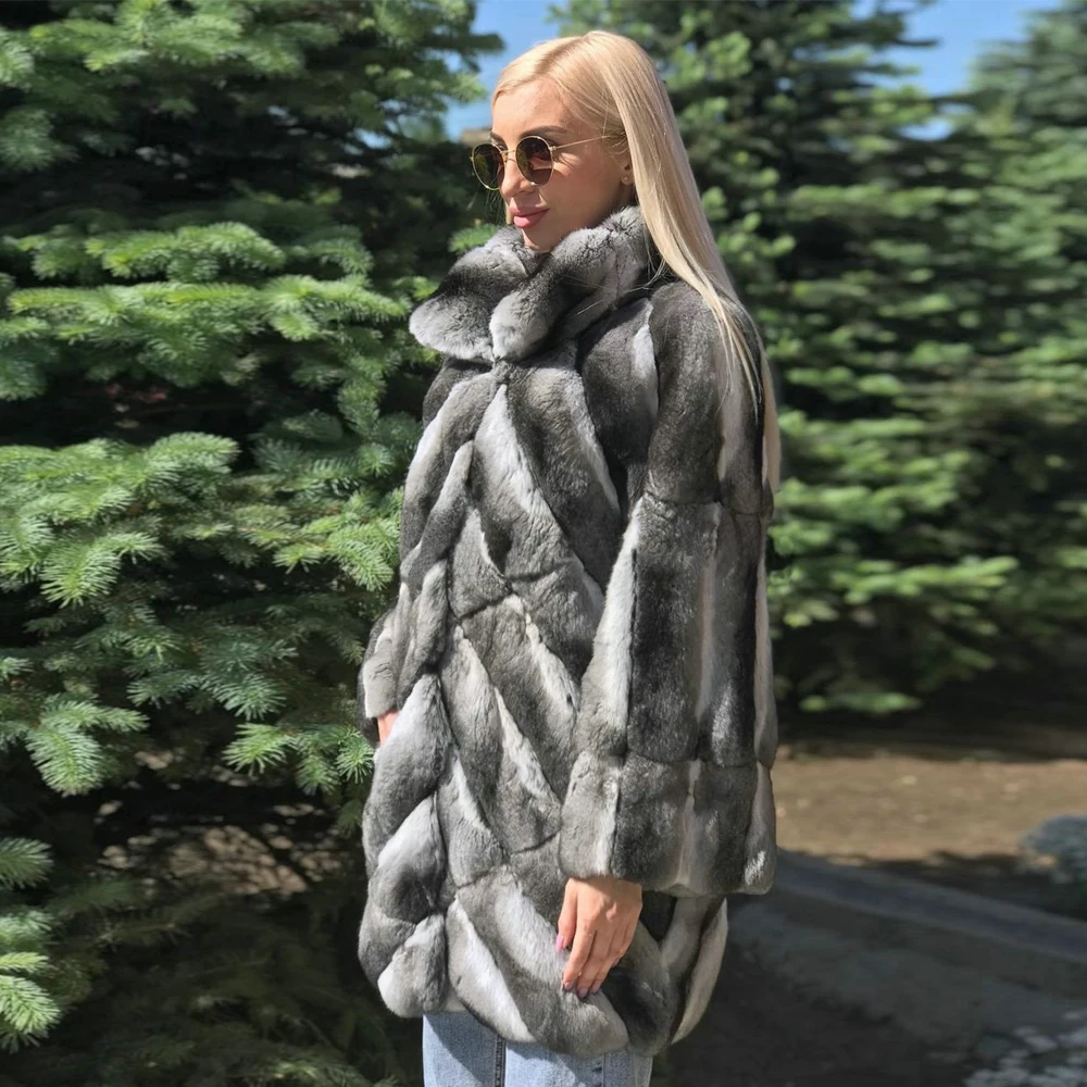 2021 New Real Rex Rabbit Fur Coat Lapel Collar Natural Women Fur Overcoats High Quality Whole Skin Rex Rabbit Fur Jacket Winter