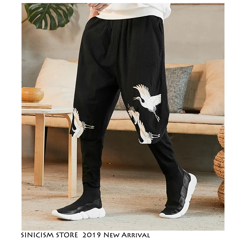 Sinicism Store Мужские штаны в китайском стиле осенние мужские штаны из хлопка и льна с имитацией двух частей с принтом мужские свободные брюки 5XL