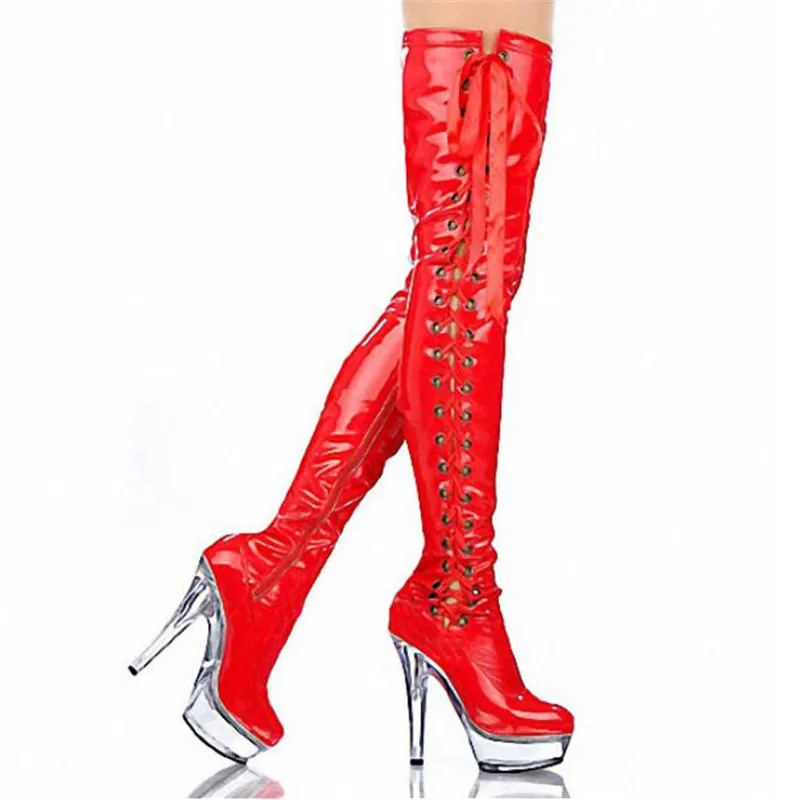 good quality Shoes woman 15cm Thin Heels waterproof platform 5CM botas Bottes Femmes Super high heeled Knee Boots Size 4-14 15 - Цвет: Красный