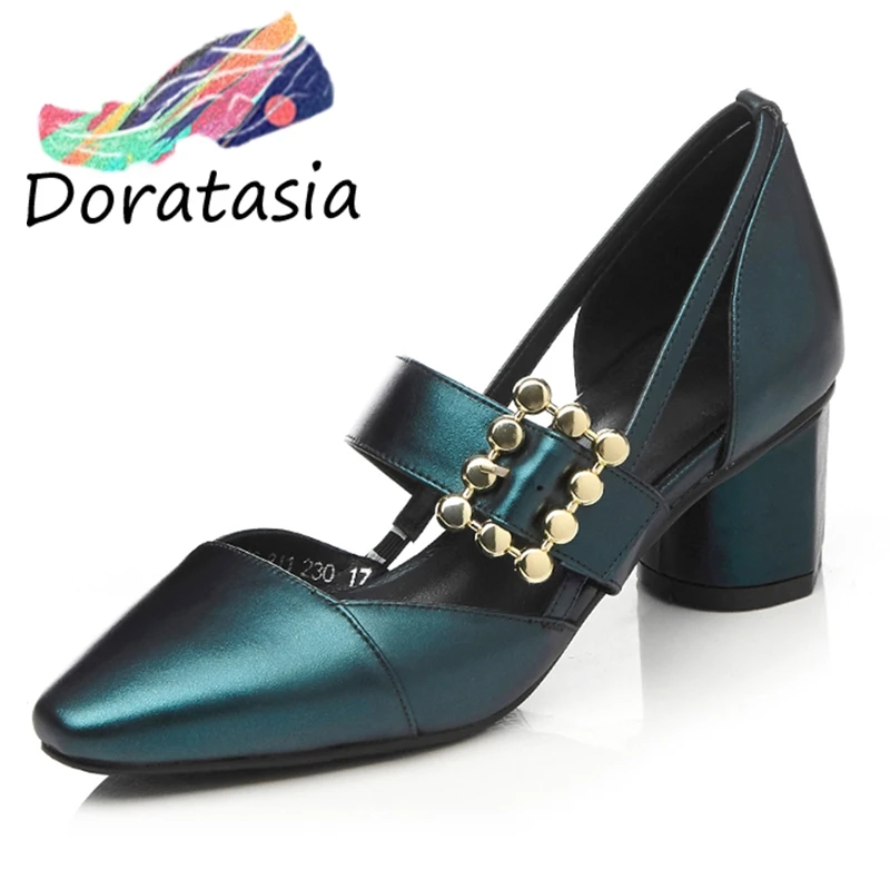 

DORATASIA Elegant Girl Med Heels Pointed Toe Geuine Leather Buckle Pumps Fashion Pumps Women Spring Shallow Shoes Woman