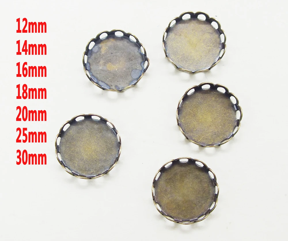 100pcs Round/oval  Antique bronze plated copper circle tray base, bezel settings with lace edge (A lot of color can choose)