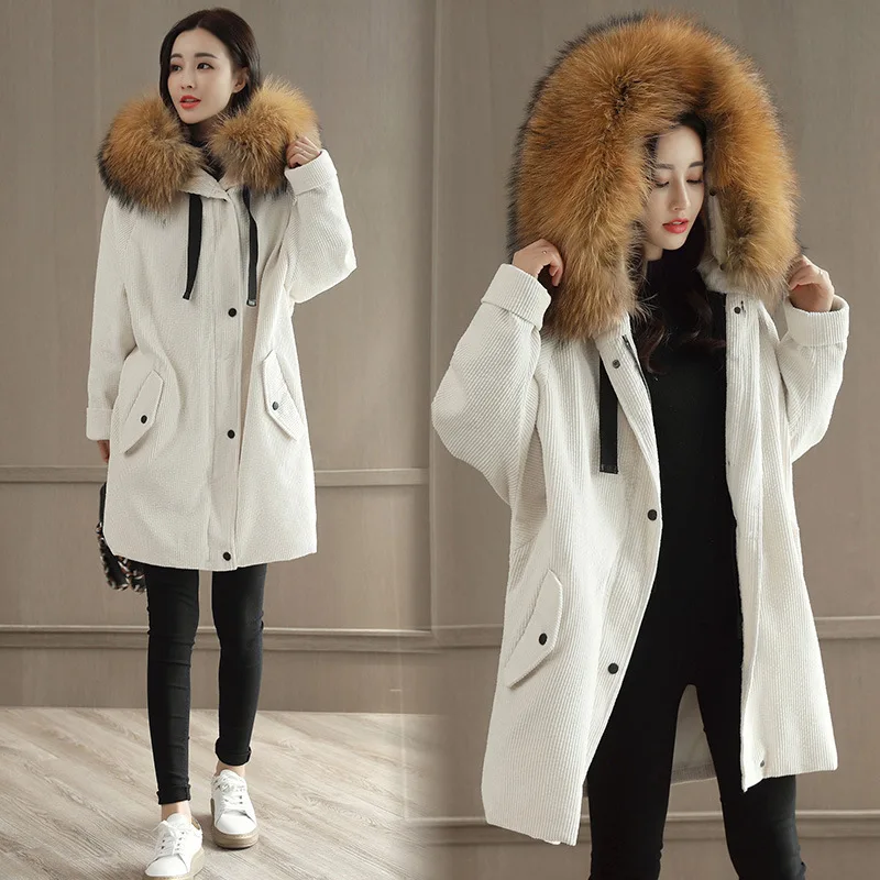 

Corduroy Cotton-padded Clothes Women's Mid-length 2017 Winter New Style Korean-style Loose Thick Slimming Large Fur Collar Cotto