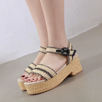 

YMECHIC Weave Creeper Chunky Heel Ladies Sandals 2020 Summer Open-toed Ladies Casual Platform Slingback Buckle Women Shoes New