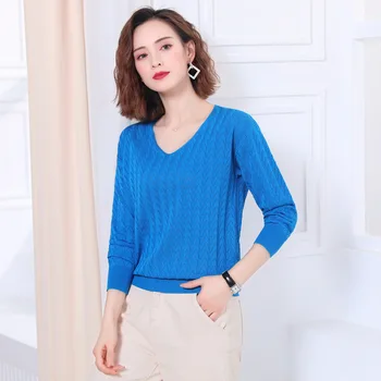 

Women's spring and autumn solid color shirt long-sleeved V-neck knitted T-shirt gray