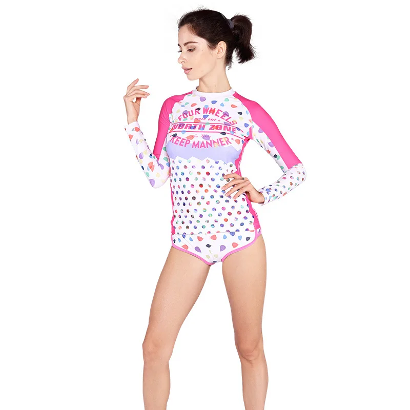 2020 Pink Dot Printed Women Rush Guards Quick Dry UPF 50+ Sun Protection Swimwear Female Long Sleeve Tshirt Rushguard VY013 | Спорт и