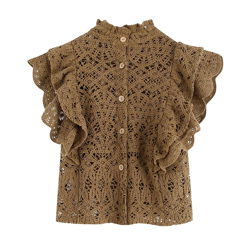 Женская милая трикотажная блузка с оборками, открытая рубашка с пуговицами сзади, женские милые повседневные топы, FFZSY464