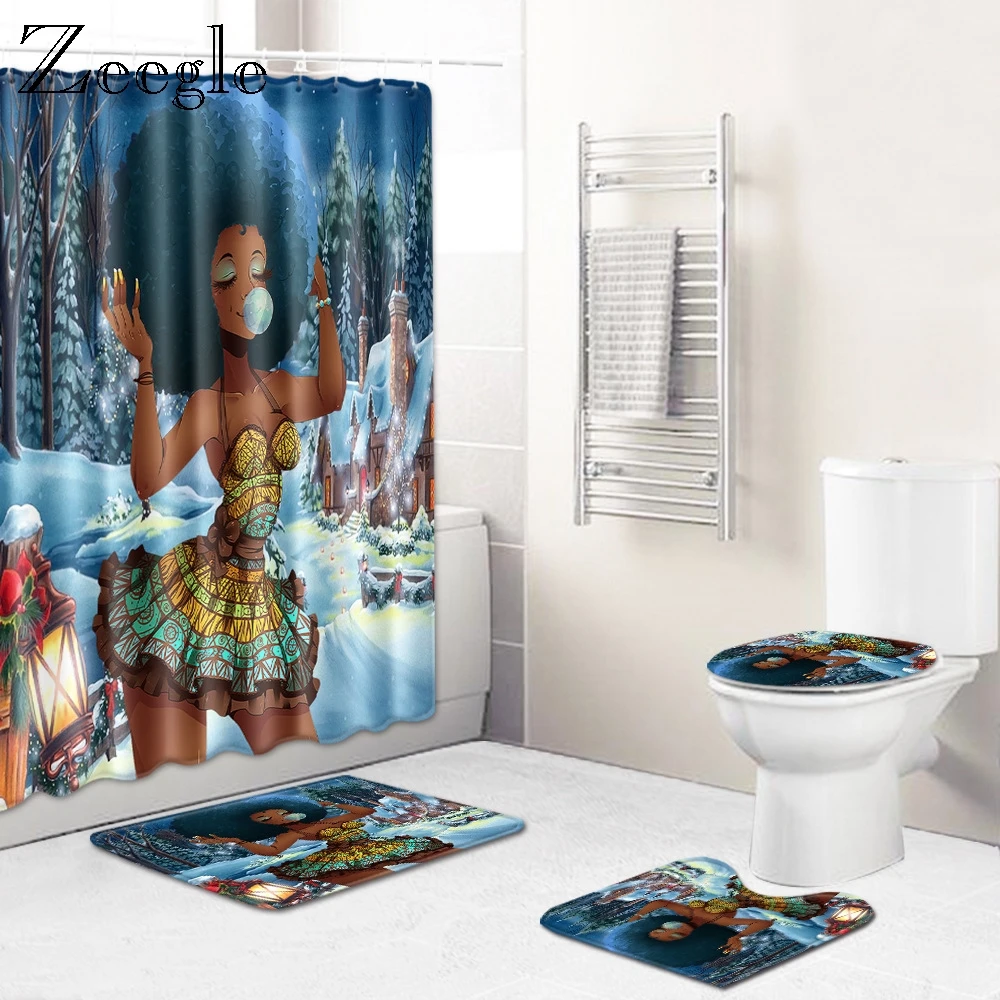 Zeegle African Woman Shower Curtain Toilet Cover Seat Mat 4pcs Bath Mat Set Soft Absorbent Toilet Pedestal Rug  Bathroom Doormat