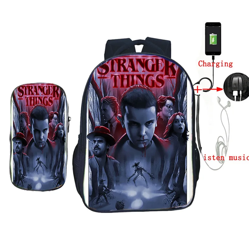 Комплект из 2 предметов, женские, мужские, USB рюкзаки с зарядным устройством, странные вещи, Сезон 3 принта, сумки для книг, для подростков, для мальчиков и девочек, рюкзак для путешествий