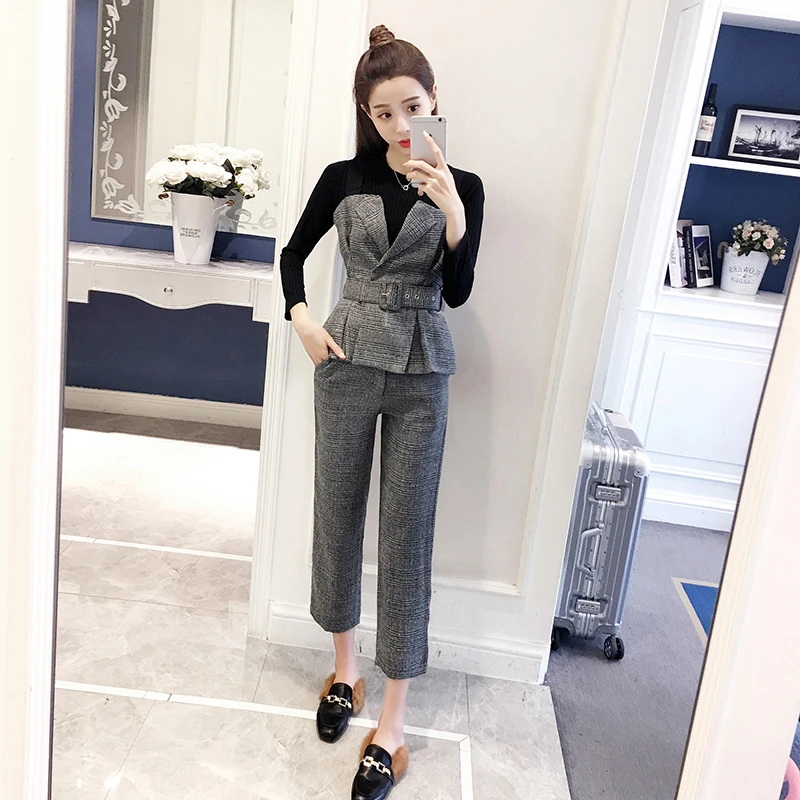 2 piece set HAMALIEL, милый осенний Женский вязаный свитер с круглым вырезом и длинным рукавом+ серые клетчатые топы с ремнем-спагетти и девять штанов с широкими штанинами - Цвет: 2 piece set
