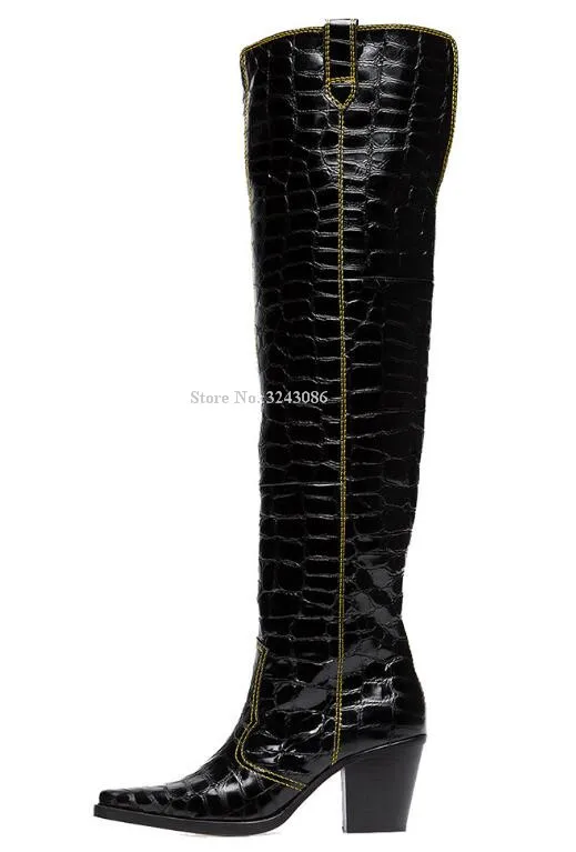 Новинка; черные высокие сапоги на массивном каблуке с принтом «крокодиловая кожа»; женские ботфорты с квадратным носком на толстом каблуке; модные женские сапоги В рыцарском стиле