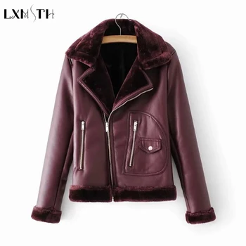 

LXUNYI 2019 Female Winter Faux Leather Jacket Women Zipper Fur Collar Shearling Leather Coat Motorcycle Thick Warm Outwear