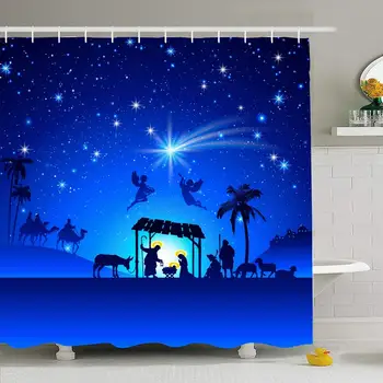 

Shower Curtain Set with Hooks 72x72 High Spirituality Space Family Detail Christmas Scene Baby Praying Holidays Blue Men Sheep