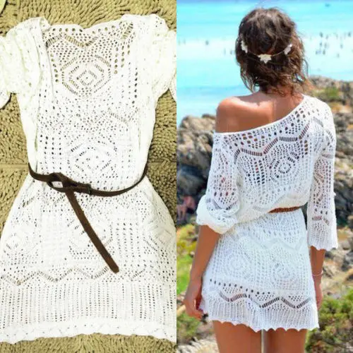 

Newest trendy solid casual Summer Sexy Lace Crochet Beach Dress Women White See Through Swimwear Swimsuit Cover Up Mini Dress