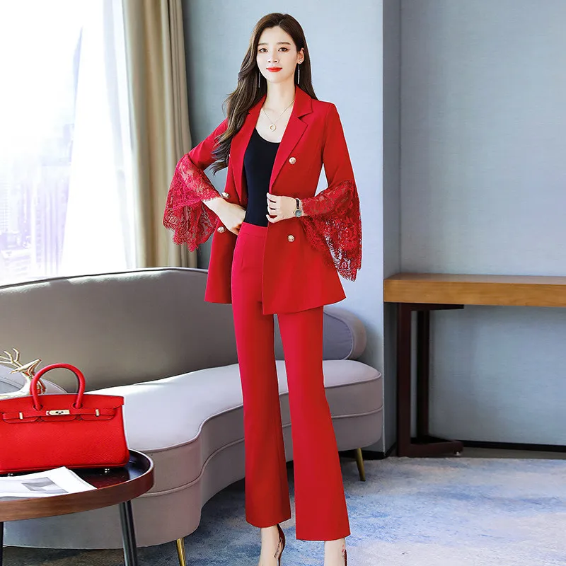 51.1       89.99、单扣、Women's suit fashion lace stitching suit suit capable OL temperament casual double-breasted suit two-piece suit (jacket + pants)