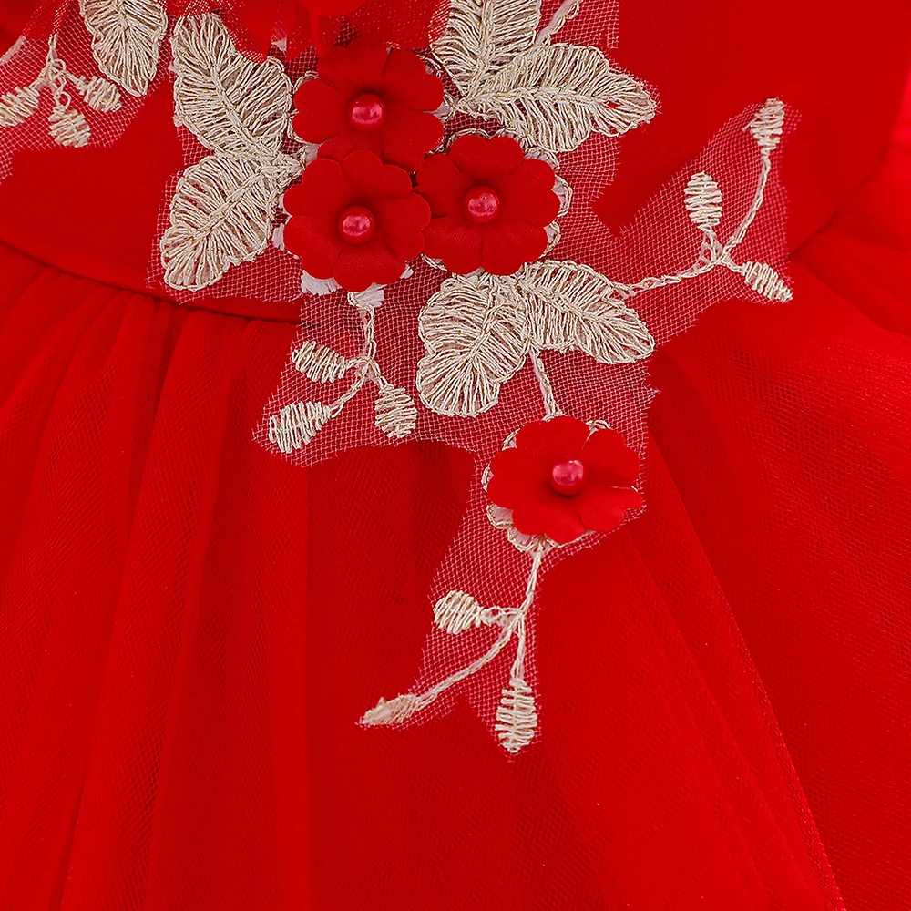 Цветочная вышивка, стоячий воротник, китайский стиль, новогоднее праздничное красное платье для девочек, кружевная пачка, одежда праздничное платье принцессы L1915XZ