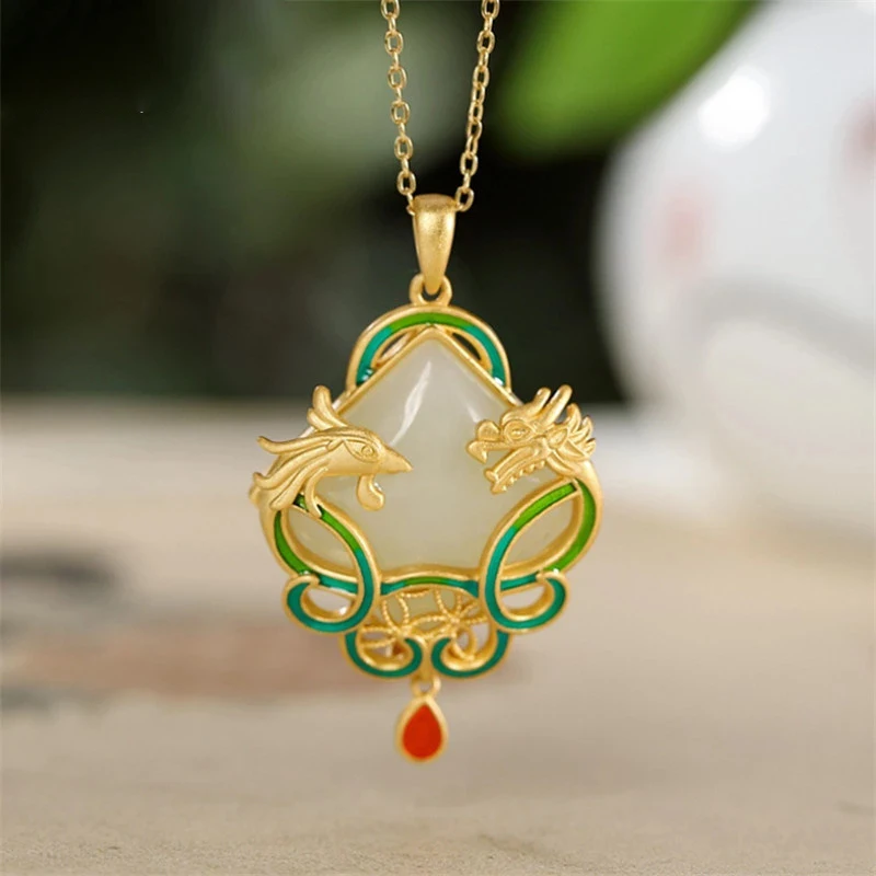 

Designer original new ancient gold inlaid dragon and phoenix natural Hetian jade necklace pendant Chinese style ladies jewelry