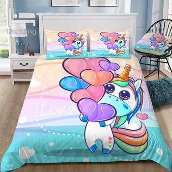 

Cute Unicorn with Hearts Cartoon 3D Bedding Set Printed Duvet Cover Set Queen King Twin Size