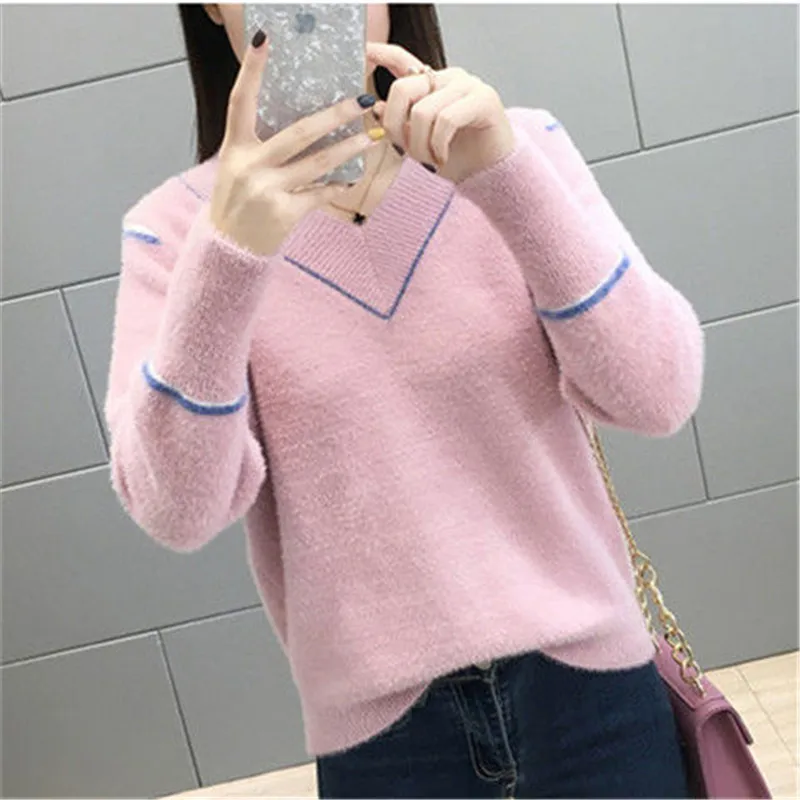 Women Candy Colors Sweaters Fashion Autumn Winter Warm Mohair V-Neck Pullover Long Sleeve Casual Sweater Knitted Tops | Женская одежда