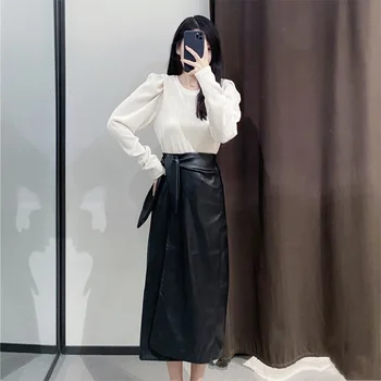 

2020 Fall Women's New French Retro High Waist Thin Rabbit Ears Lace One Piece Wrapped Long PU Leather Skirt