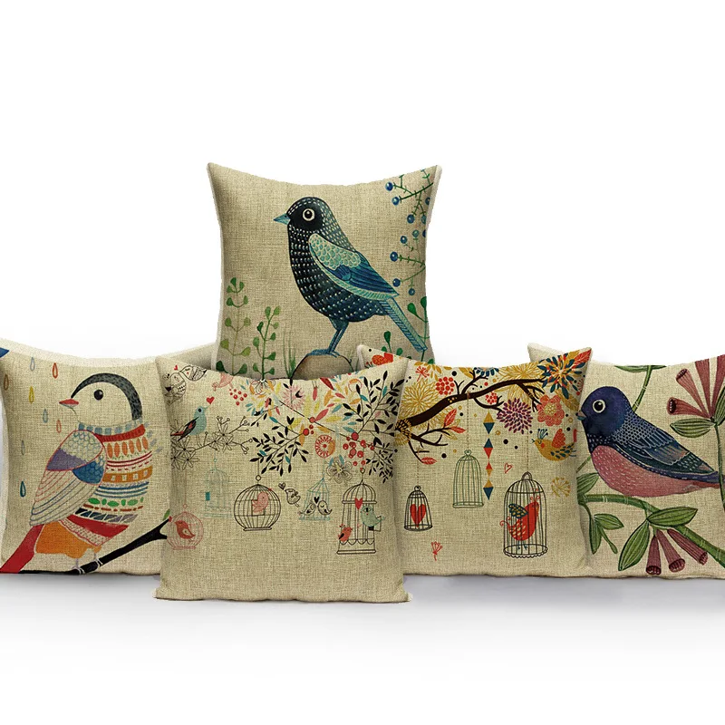 

Animal Linen Pillow Cover Flower Bird Printed Decorative Cushion Cover Home Decor 45x45cm