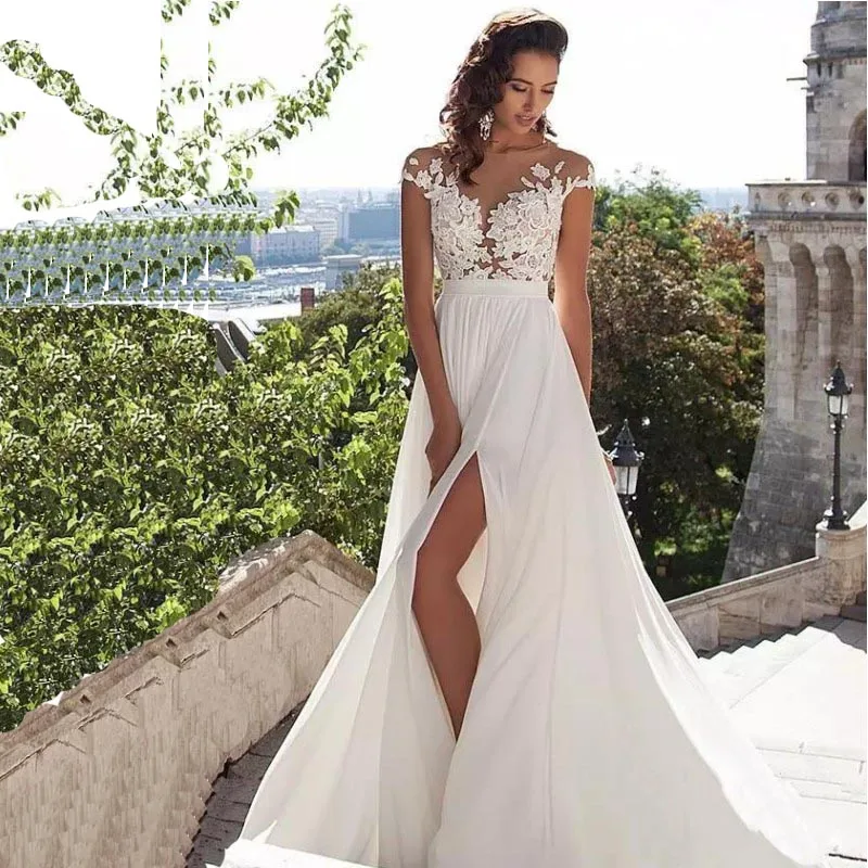 

Vestido De Noiva Simple Elegant Chiffon Bohemian Sheer Neck Lace Appliques Cap Sleeves Thigh-High Slits Beach Wedding Dresses