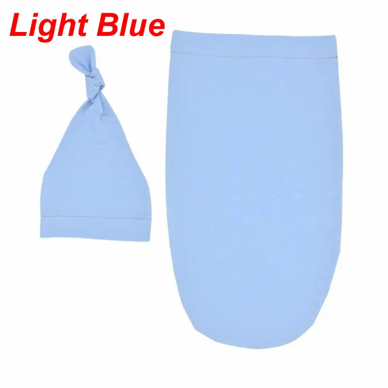 Light Blue Одноцветные спальные мешки для новорожденных девочек и мальчиков+ шапки, одеяло, комплект из 2 предметов для новорожденных, мягкий, эластичный трикотажный трикотаж - Цвет: Light Blue