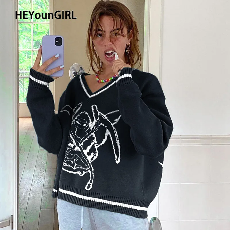 

HEYounGIRL Preppy Style Oversized Knitted Sweater Women Casual V Neck Autumn Jumper Ladies Print Fashion Pullover Knitwear 2020