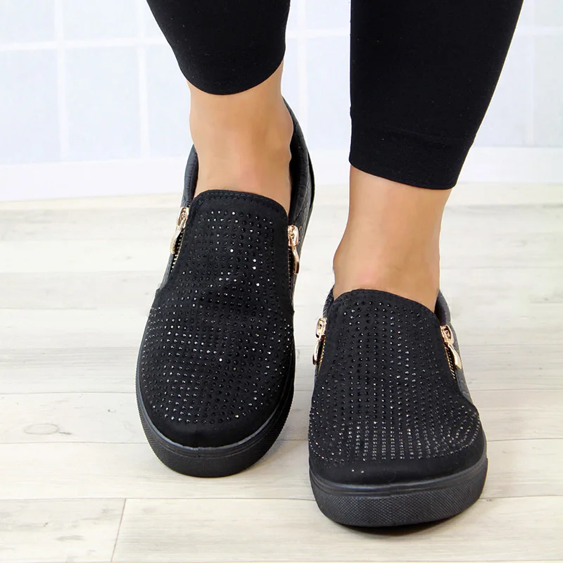 

Platform Shoes Women Crystal Slip on Flat Loafers Female Wedge Shoes for Women Mocassin Zipper Glitter Flats Sapato Feminino