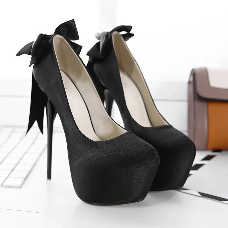 Г. Женские туфли-лодочки леопардовой расцветки 16 см пикантные тонкие атласные туфли на высоком каблуке с круглым носком и большим бантом женская обувь CWF-my258-52 - Цвет: Черный
