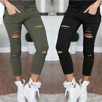 2020 Cargo Pants Women Fashion Slim High Waisted Stretchy Skinny Broken Hole Pencil Pants Solid Color Streetwear Trousers Womens 1