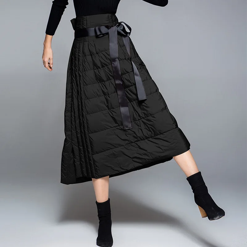 Elifashion, утолщенная пуховая юбка для женщин, Осень-зима, модная длинная юбка для женщин, высокая талия, длинный широкий пояс, теплые женские юбки