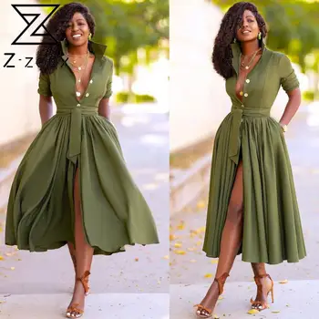 

Z-ZOUX Women Dress Temperament Single Breasted Shirt Dresses Bandage High Waist Large Hem Long Dress Fashion Ladies Dresses 2020