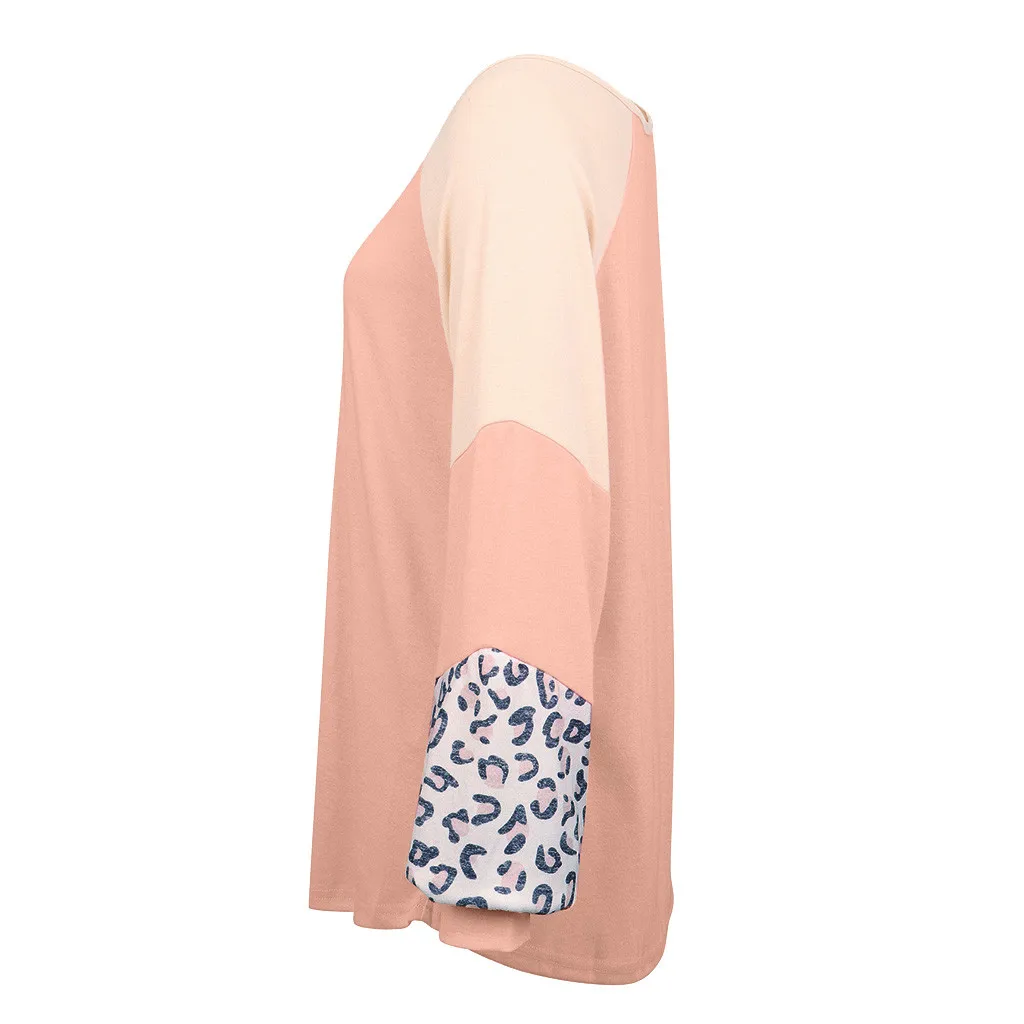 2019 ladies leopard solid color stitching long-sleeved shirt sweater 
