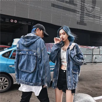 

SexeMara fashion The New Loose Hole Wild Hooded Denim jacket Free shipping