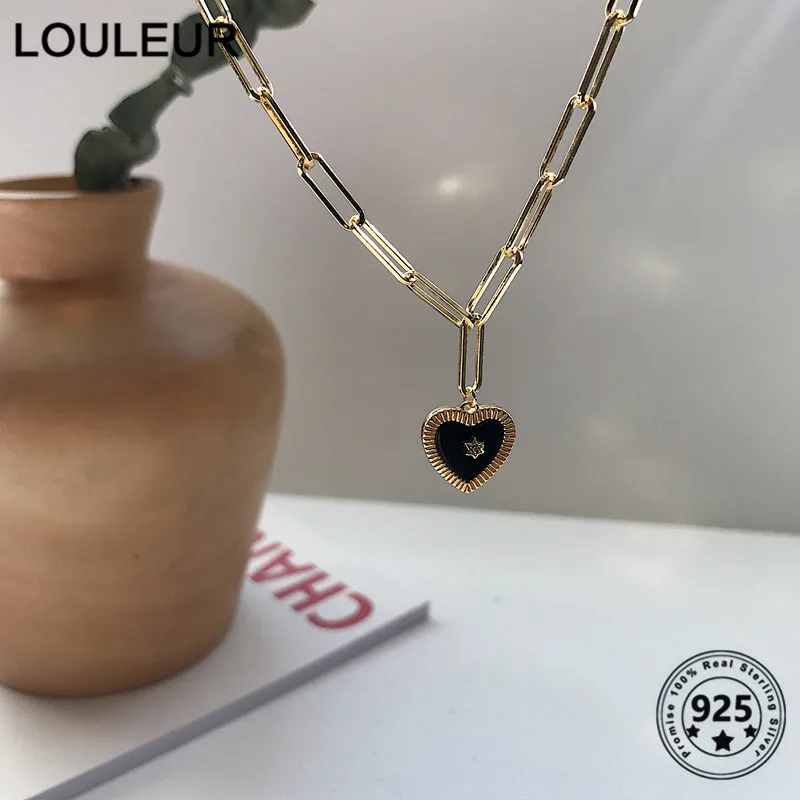 

Louleur Fashion 925 Sterling Silver Necklace Hexagram Black Agate Heart Pendant Necklace For Women Silver 925 Fine Jewelry