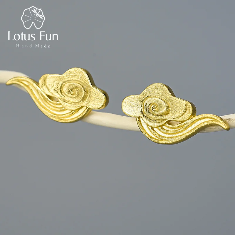 Lotus Fun, 18K Золотая удача, мир, облако, серьги-гвоздики, Настоящее серебро 925 пробы, серьги, дизайнерские ювелирные украшения для женщин, Подарочная бижутерия - Цвет камня: Золото