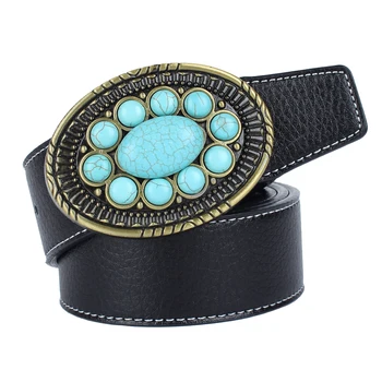 

Oval Metal Buckle with Studded Turquoise Genuine Leather Belt Indian Cowboy Cowgirl Fashion Vintage Belt Waistbelt