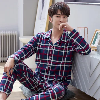 

Men's Autumn Pure Cotton Korean-style Retro Cardigan Fold-down Collar Set Spring Tight Race Quality Home Wear Pajamas