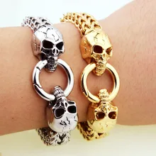 Большой Золотой Байкерский браслет из головы черепа сетка из нержавеющей стали крест плетеные браслеты в стиле панк браслет для мужчин 21 см тяжелые металлические ювелирные изделия