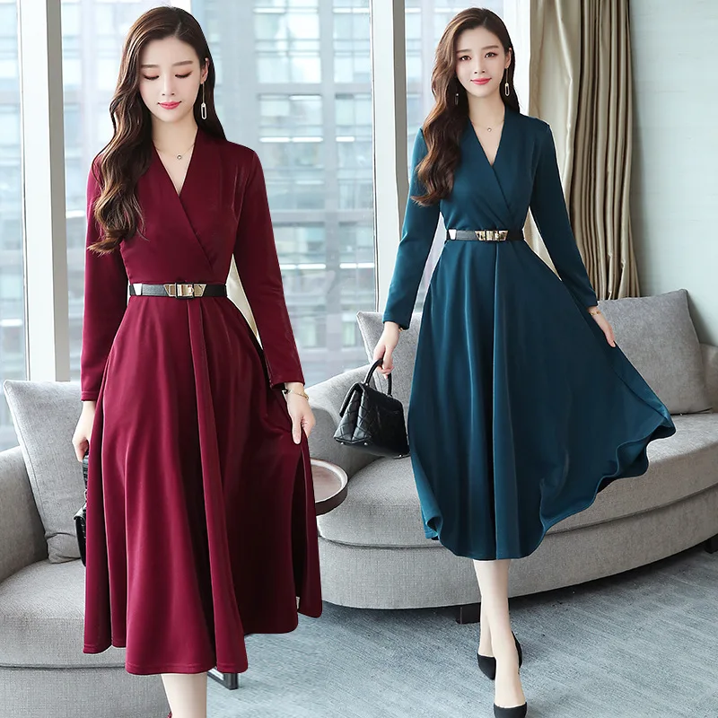 

2019 Autumn And Winter New Style Korean-style Elegant Debutante V-neck Long Sleeve Slimming High-waisted A- line Skirt Dress