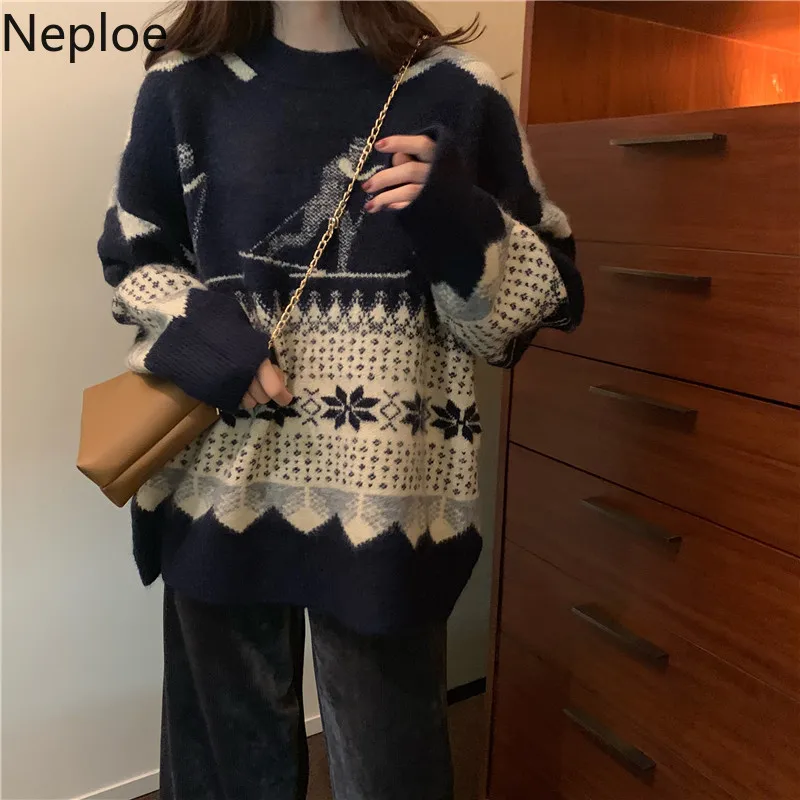 Женский жаккардовый свитер Neploe свободный с круглым вырезом и длинными рукавами в