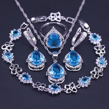 

Sky Blue Crystal Silver Color Costume Jewelry Set For Women Earrings Necklace Ring Bracelet Set Big Discount