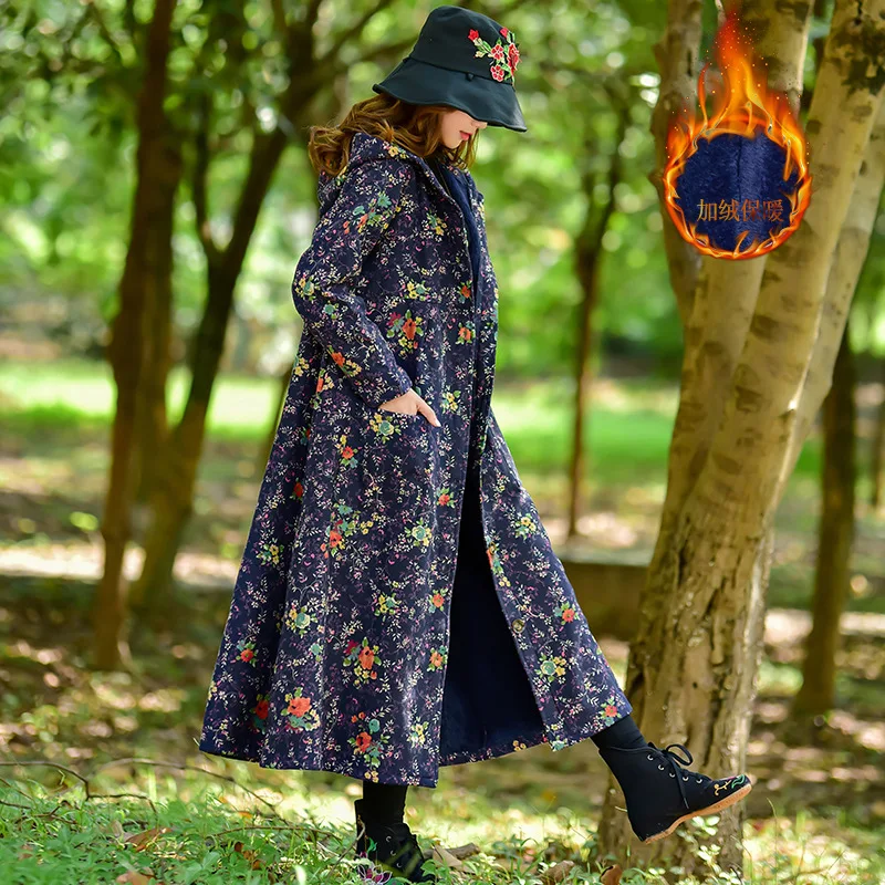 

2019 Winter New Style Ethnic-Style Printed Cotton Linen Brushed And Thick Hooded Large Size Trench Coat WOMEN'S Wadded Jacket